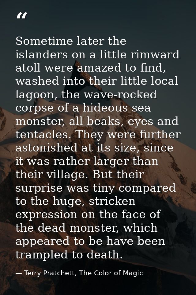 Sometime later the islanders on a little rimward atoll were amazed to find, washed into their little local lagoon, the w — Terry Pratchett, The Color of Magic
