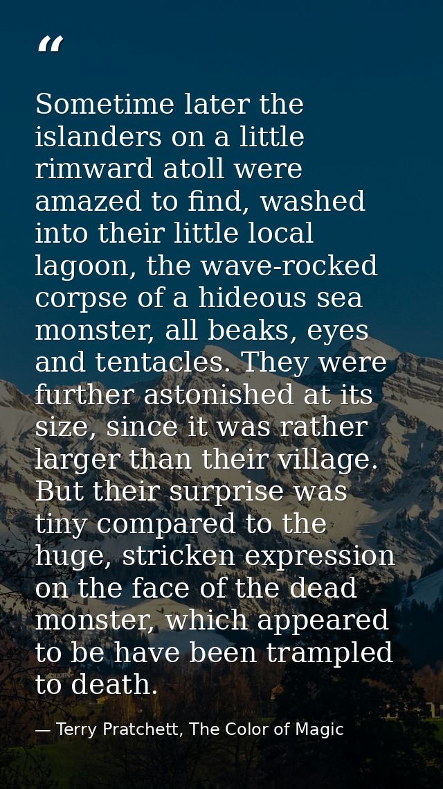 Sometime later the islanders on a little rimward atoll were amazed to find, washed into their little local lagoon, the w — Terry Pratchett, The Color of Magic