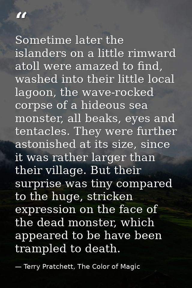 Sometime later the islanders on a little rimward atoll were amazed to find, washed into their little local lagoon, the w — Terry Pratchett, The Color of Magic
