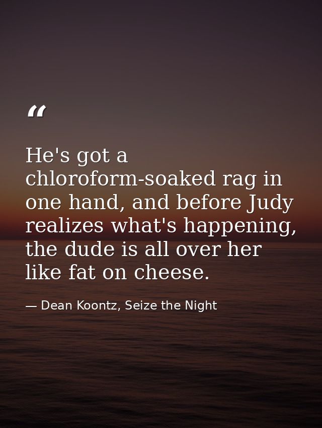 He's got a chloroform-soaked rag in one hand, and before Judy realizes what's happening, the dude is all over her like f — Dean Koontz, Seize the Night