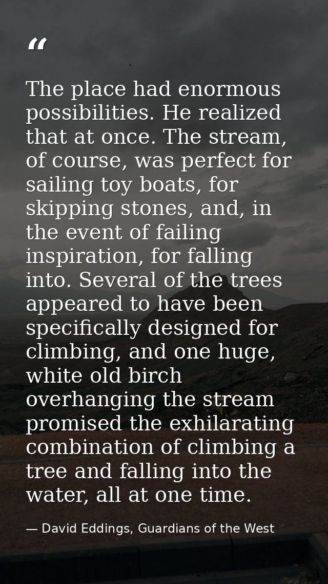 The place had enormous possibilities. He realized that at once. The stream, of course, was perfect for sailing toy boats — David Eddings, Guardians of the West