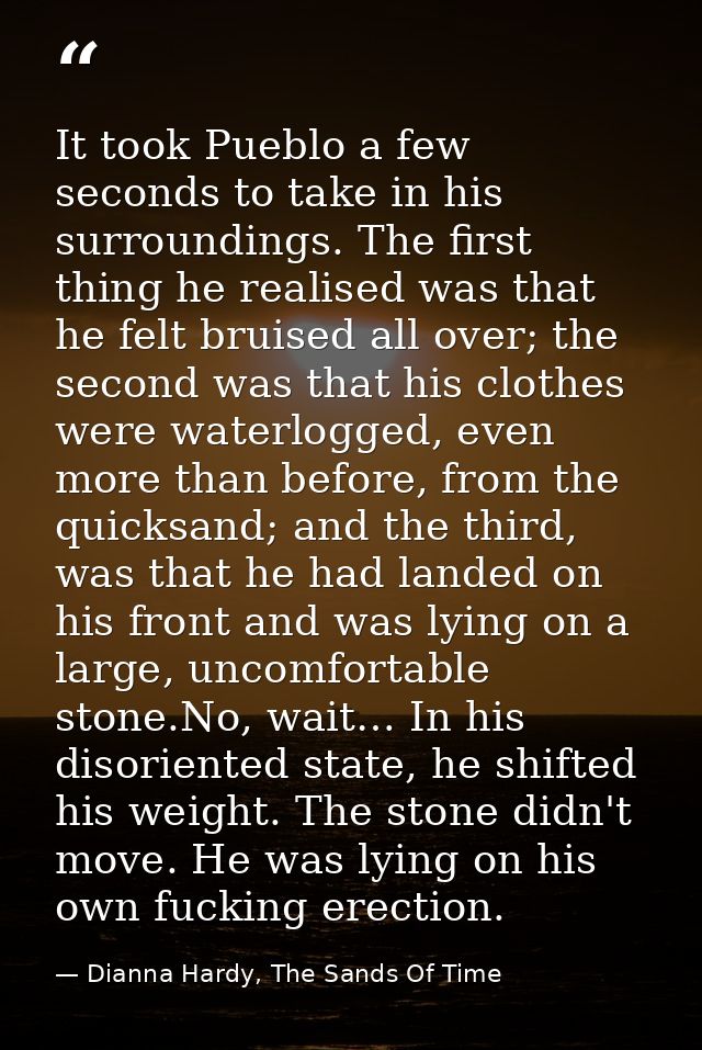 It took Pueblo a few seconds to take in his surroundings. The first thing he realised was that he felt bruised all over; — Dianna Hardy, The Sands Of Time