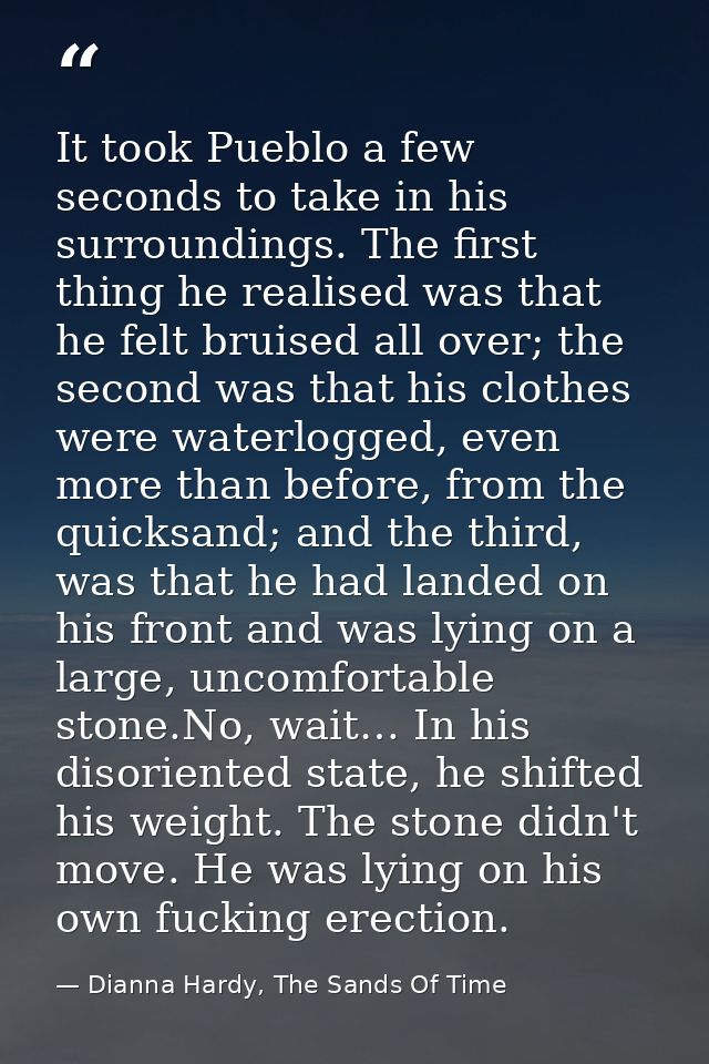 It took Pueblo a few seconds to take in his surroundings. The first thing he realised was that he felt bruised all over; — Dianna Hardy, The Sands Of Time