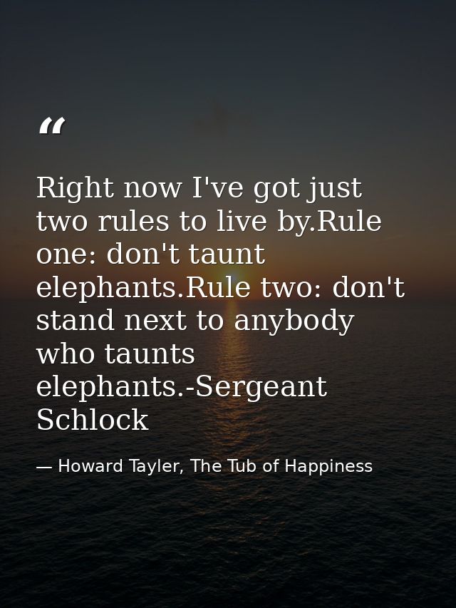 Right now I've got just two rules to live by.Rule one: don't taunt elephants.Rule two: don't stand next to anybody who t — Howard Tayler, The Tub of Happiness