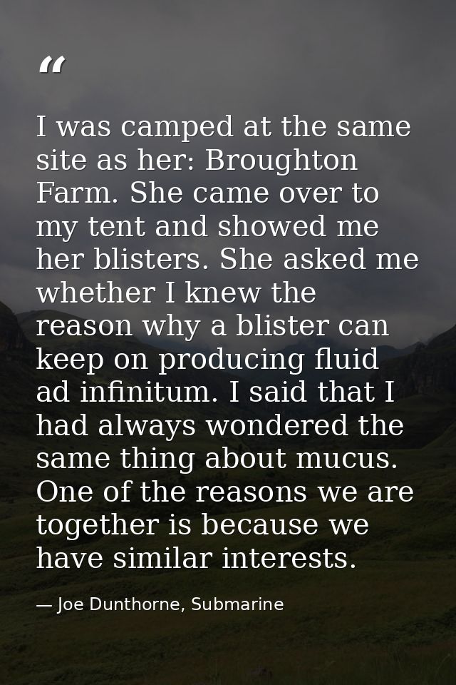I was camped at the same site as her: Broughton Farm. She came over to my tent and showed me her blisters. She asked me  — Joe Dunthorne, Submarine