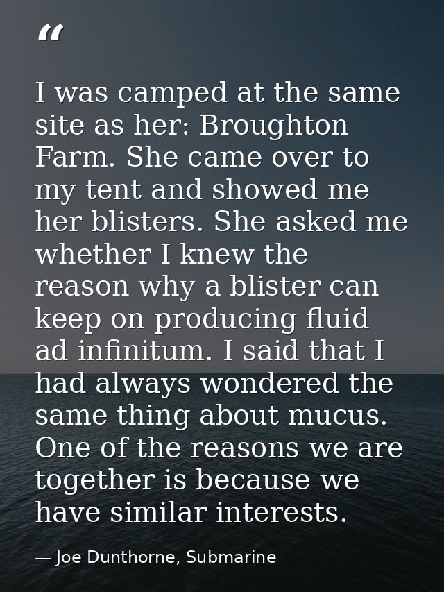 I was camped at the same site as her: Broughton Farm. She came over to my tent and showed me her blisters. She asked me  — Joe Dunthorne, Submarine