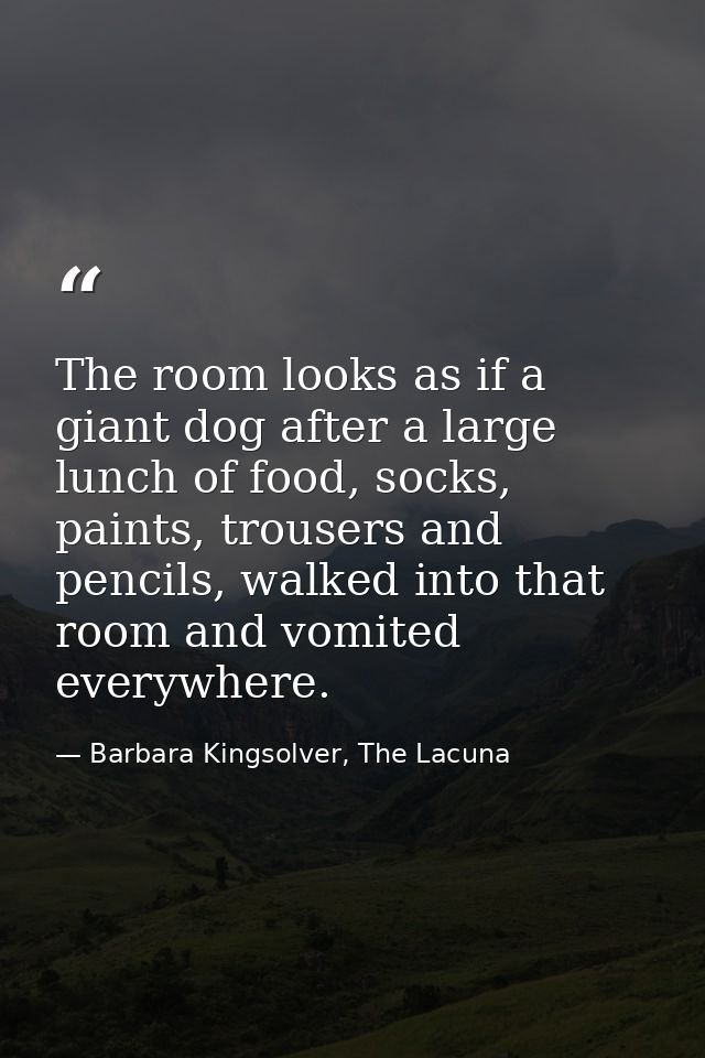 The room looks as if a giant dog after a large lunch of food, socks, paints, trousers and pencils, walked into that room — Barbara Kingsolver, The Lacuna