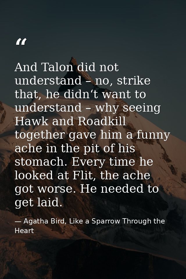 And Talon did not understand – no, strike that, he didn‘t want to understand – why seeing Hawk and Roadkill together gav — Agatha Bird, Like a Sparrow Through the Heart