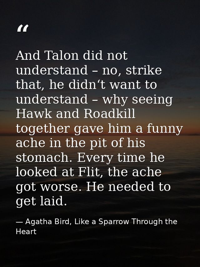 And Talon did not understand – no, strike that, he didn‘t want to understand – why seeing Hawk and Roadkill together gav — Agatha Bird, Like a Sparrow Through the Heart