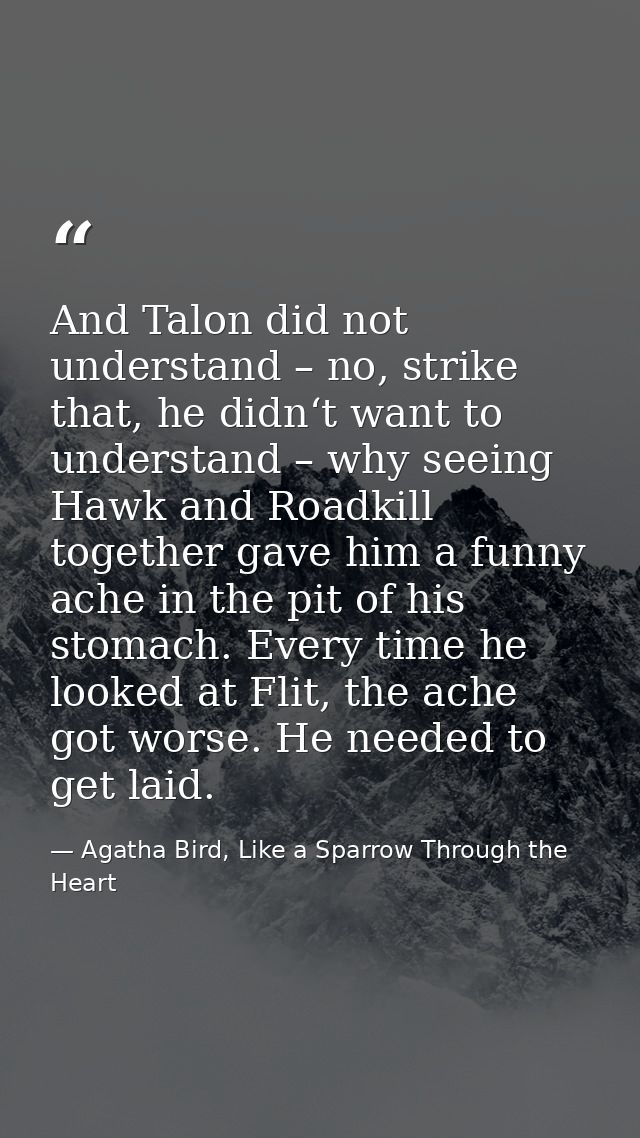 And Talon did not understand – no, strike that, he didn‘t want to understand – why seeing Hawk and Roadkill together gav — Agatha Bird, Like a Sparrow Through the Heart
