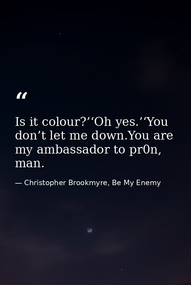 Is it colour?’‘Oh yes.’‘You don’t let me down.You are my ambassador to pr0n, man. — Christopher Brookmyre, Be My Enemy
