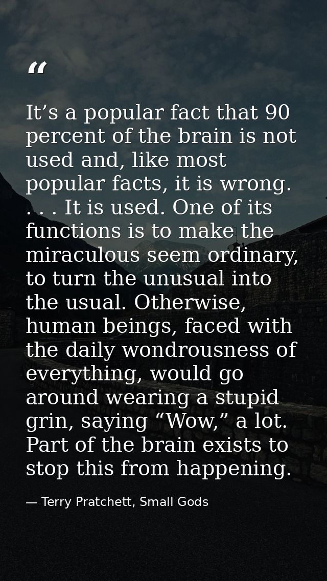 It’s a popular fact that 90 percent of the brain is not used and, like most popular facts, it is wrong. . . . It is used — Terry Pratchett, Small Gods