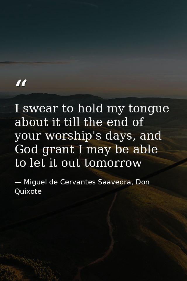 I swear to hold my tongue about it till the end of your worship's days, and God grant I may be able to let it out tomorr — Miguel de Cervantes Saavedra, Don Quixote