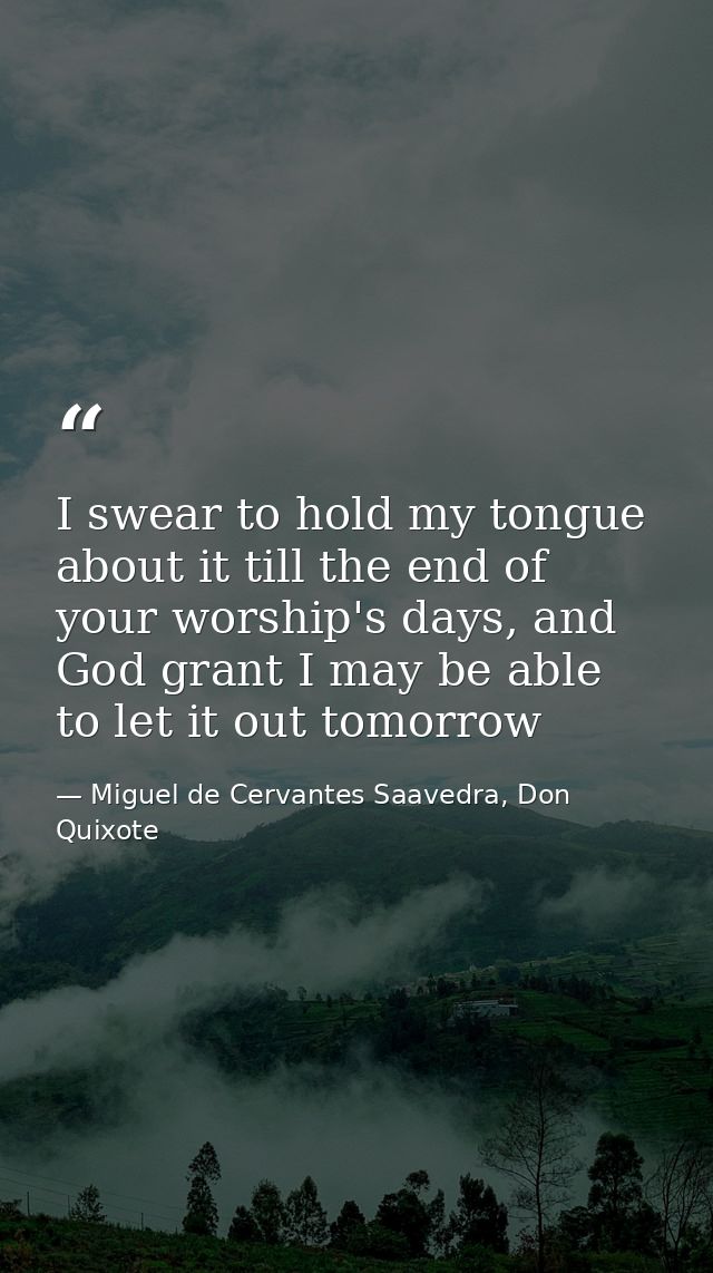 I swear to hold my tongue about it till the end of your worship's days, and God grant I may be able to let it out tomorr — Miguel de Cervantes Saavedra, Don Quixote