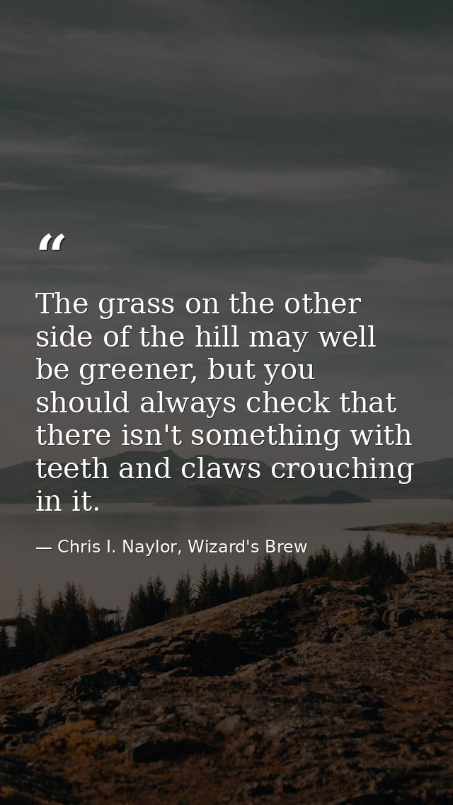 The grass on the other side of the hill may well be greener, but you should always check that there isn't something with — Chris I. Naylor, Wizard's Brew