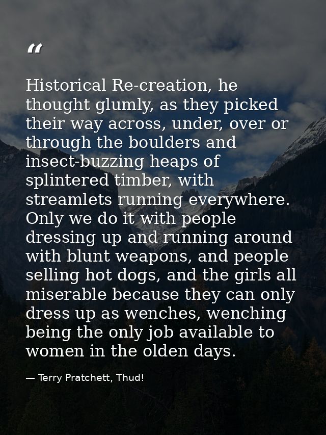 Historical Re-creation, he thought glumly, as they picked their way across, under, over or through the boulders and inse — Terry Pratchett, Thud!