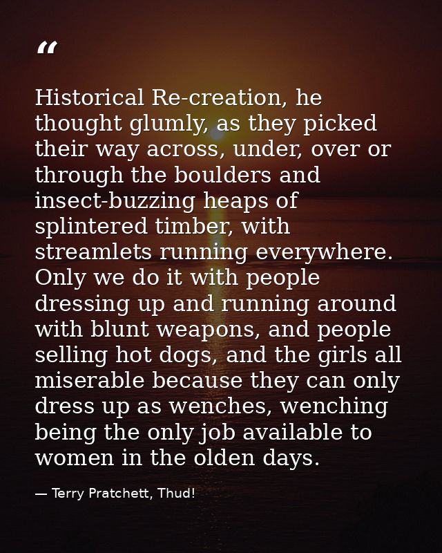 Historical Re-creation, he thought glumly, as they picked their way across, under, over or through the boulders and inse — Terry Pratchett, Thud!