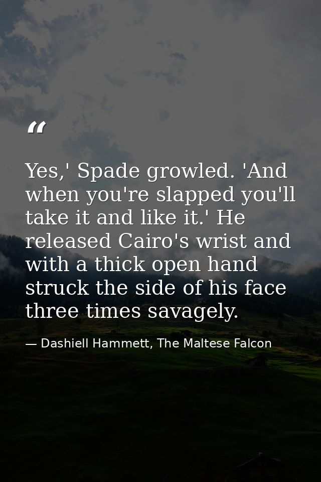 Yes,' Spade growled. 'And when you're slapped you'll take it and like it.' He released Cairo's wrist and with a thick op — Dashiell Hammett, The Maltese Falcon