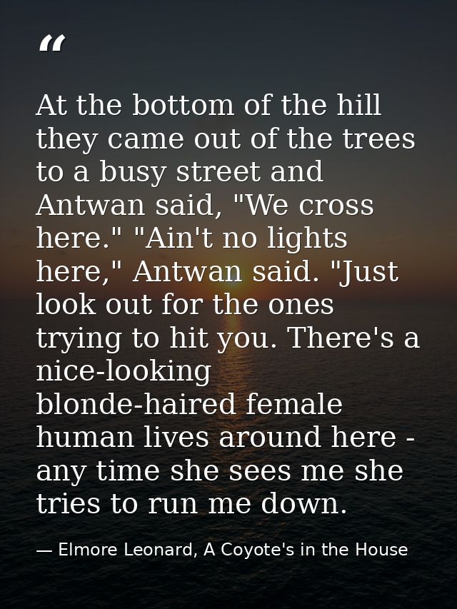At the bottom of the hill they came out of the trees to a busy street and Antwan said, "We cross here." "Ain't no lights — Elmore Leonard, A Coyote's in the House