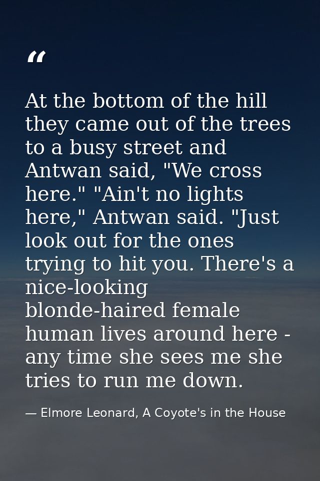 At the bottom of the hill they came out of the trees to a busy street and Antwan said, "We cross here." "Ain't no lights — Elmore Leonard, A Coyote's in the House