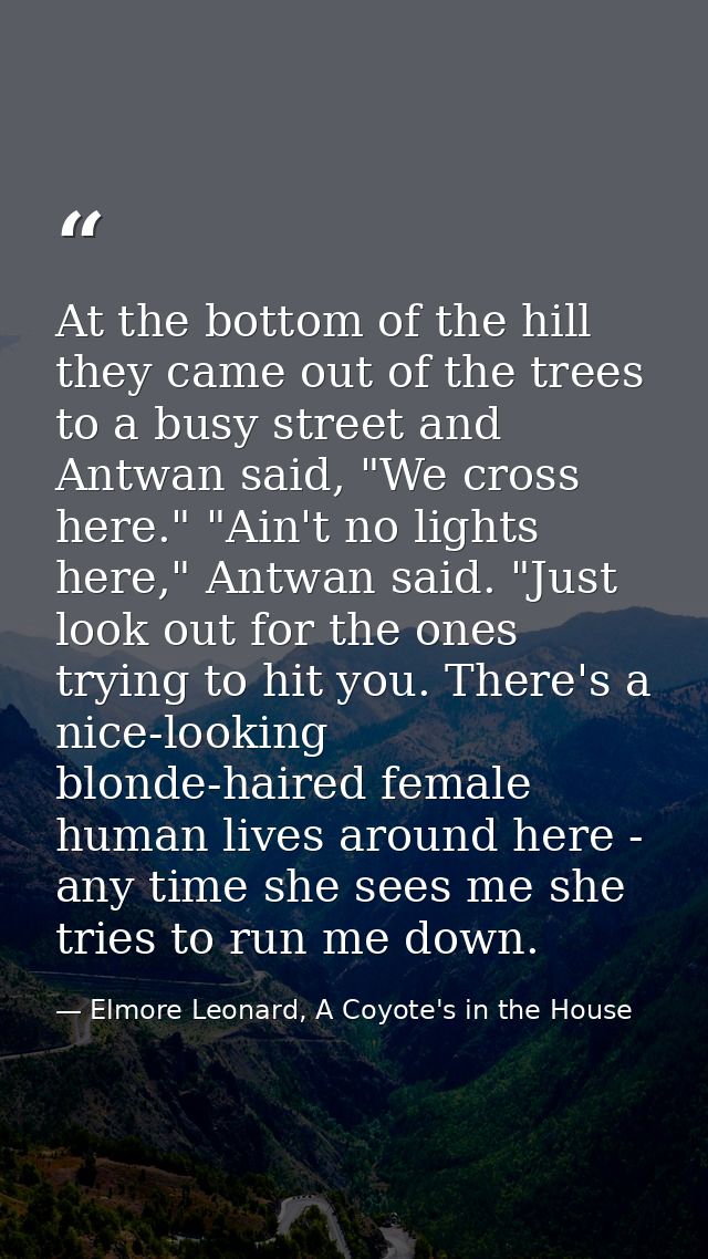 At the bottom of the hill they came out of the trees to a busy street and Antwan said, "We cross here." "Ain't no lights — Elmore Leonard, A Coyote's in the House