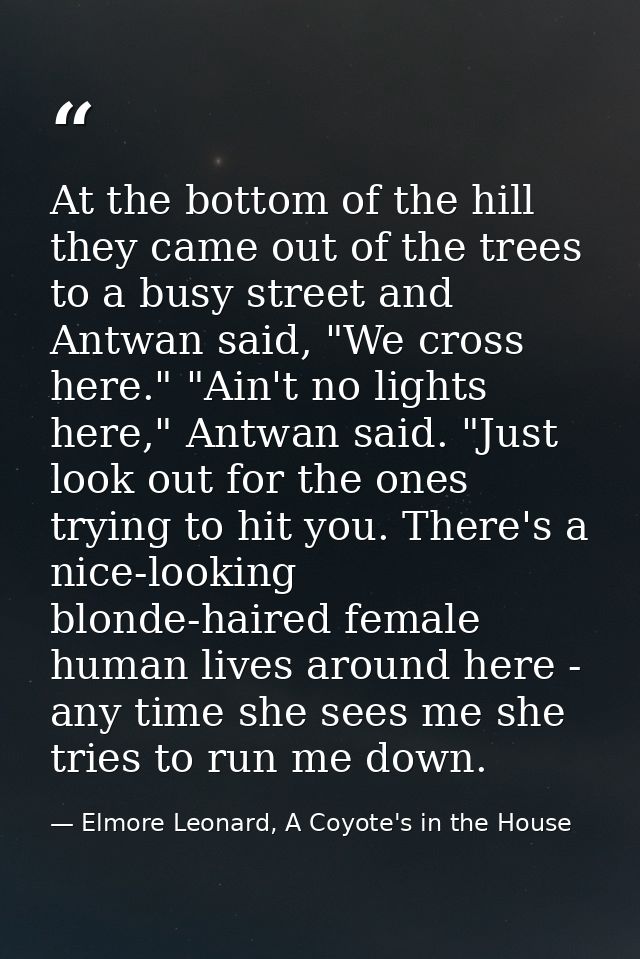At the bottom of the hill they came out of the trees to a busy street and Antwan said, "We cross here." "Ain't no lights — Elmore Leonard, A Coyote's in the House