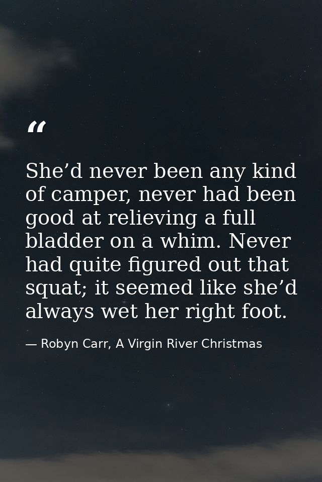 She’d never been any kind of camper, never had been good at relieving a full bladder on a whim. Never had quite figured  — Robyn Carr, A Virgin River Christmas