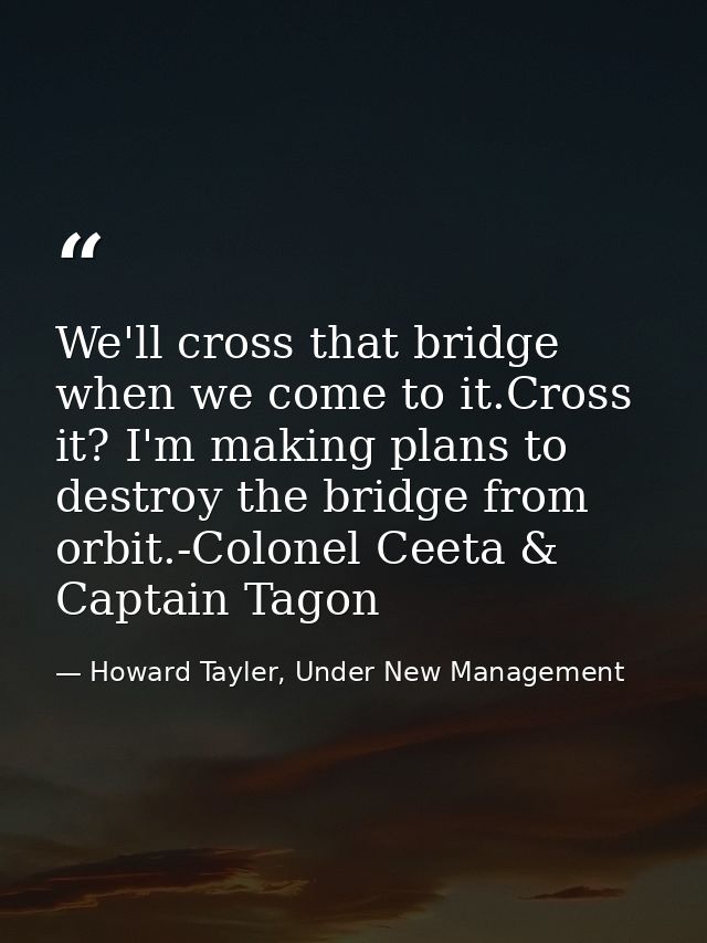 We'll cross that bridge when we come to it.Cross it? I'm making plans to destroy the bridge from orbit.-Colonel Ceeta &  — Howard Tayler, Under New Management
