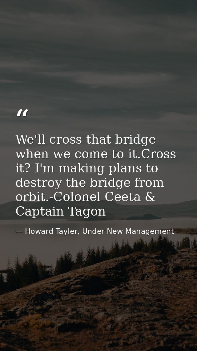 We'll cross that bridge when we come to it.Cross it? I'm making plans to destroy the bridge from orbit.-Colonel Ceeta &  — Howard Tayler, Under New Management