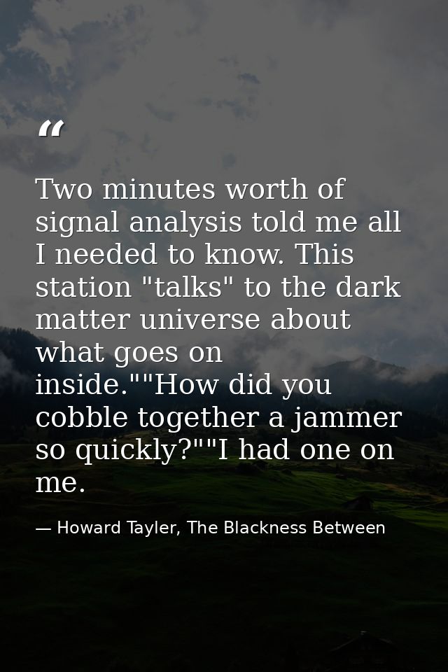 Two minutes worth of signal analysis told me all I needed to know. This station "talks" to the dark matter universe abou — Howard Tayler, The Blackness Between
