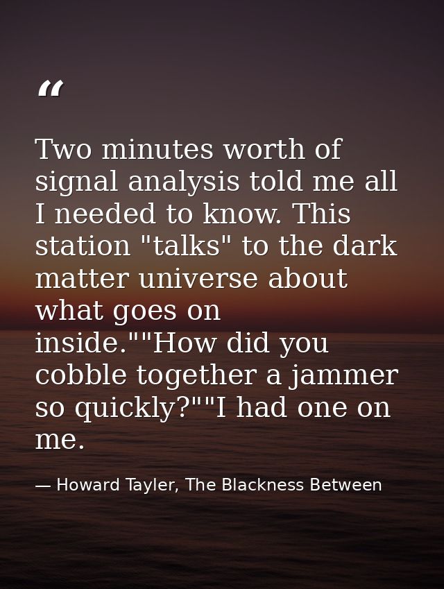 Two minutes worth of signal analysis told me all I needed to know. This station "talks" to the dark matter universe abou — Howard Tayler, The Blackness Between