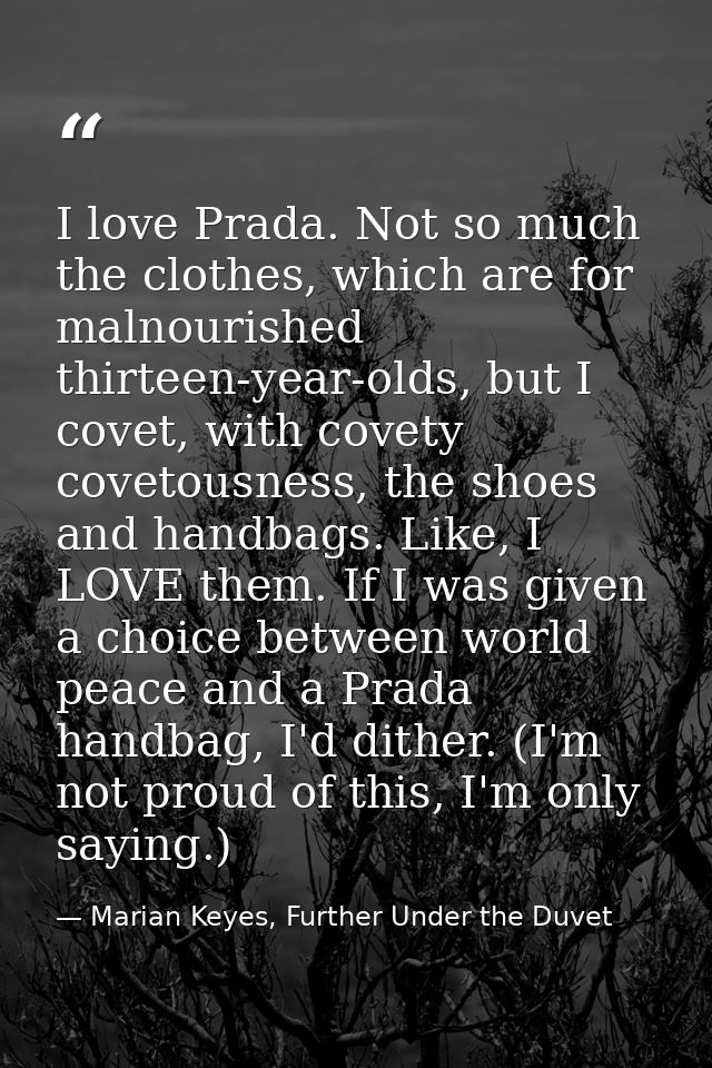 I love Prada. Not so much the clothes, which are for malnourished thirteen-year-olds, but I covet, with covety covetousn — Marian Keyes, Further Under the Duvet