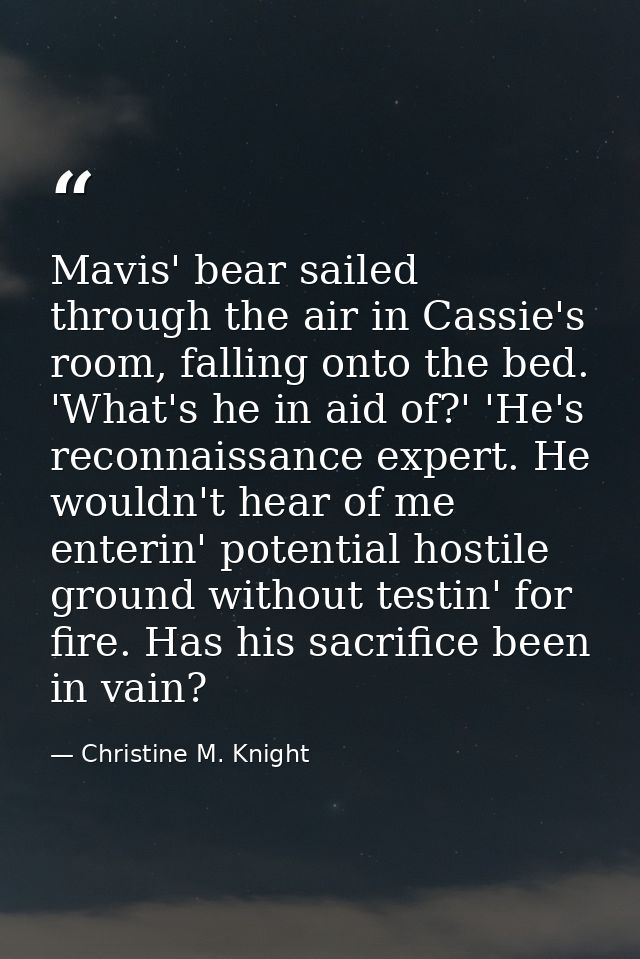 Mavis' bear sailed through the air in Cassie's room, falling onto the bed. 'What's he in aid of?' 'He's reconnaissance e — Christine M. Knight