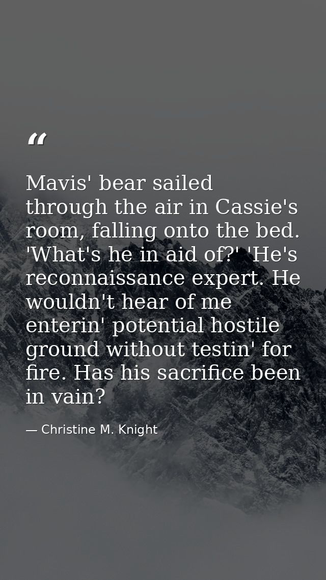 Mavis' bear sailed through the air in Cassie's room, falling onto the bed. 'What's he in aid of?' 'He's reconnaissance e — Christine M. Knight