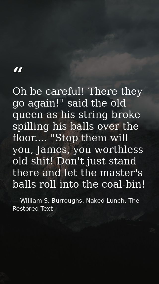 Oh be careful! There they go again!" said the old queen as his string broke spilling his balls over the floor.... "Stop  — William S. Burroughs, Naked Lunch: The Restored Text