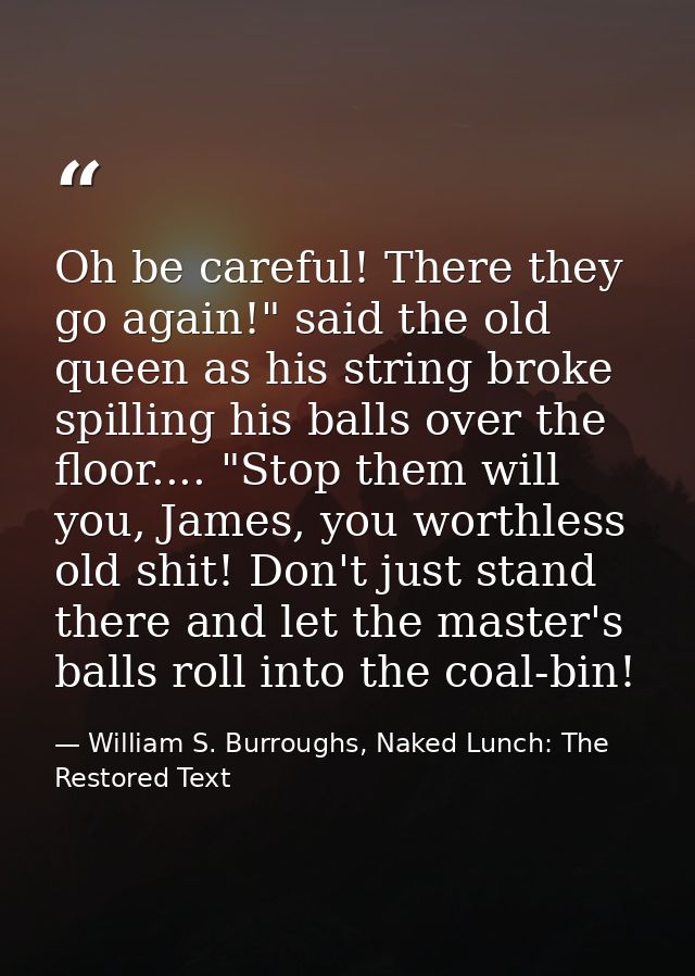 Oh be careful! There they go again!" said the old queen as his string broke spilling his balls over the floor.... "Stop  — William S. Burroughs, Naked Lunch: The Restored Text