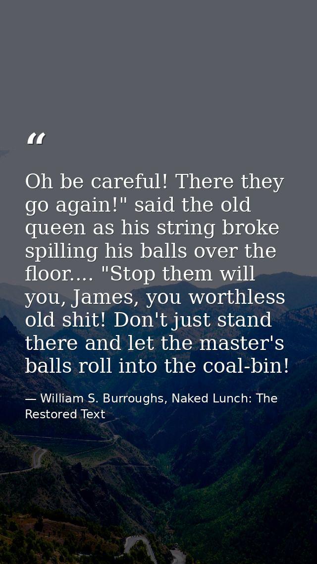 Oh be careful! There they go again!" said the old queen as his string broke spilling his balls over the floor.... "Stop  — William S. Burroughs, Naked Lunch: The Restored Text