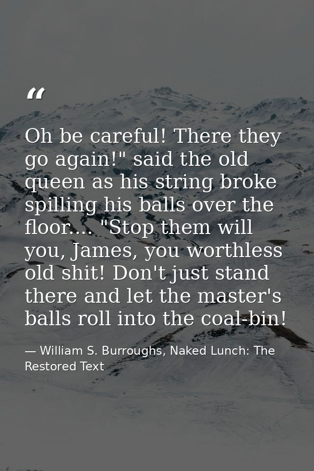 Oh be careful! There they go again!" said the old queen as his string broke spilling his balls over the floor.... "Stop  — William S. Burroughs, Naked Lunch: The Restored Text