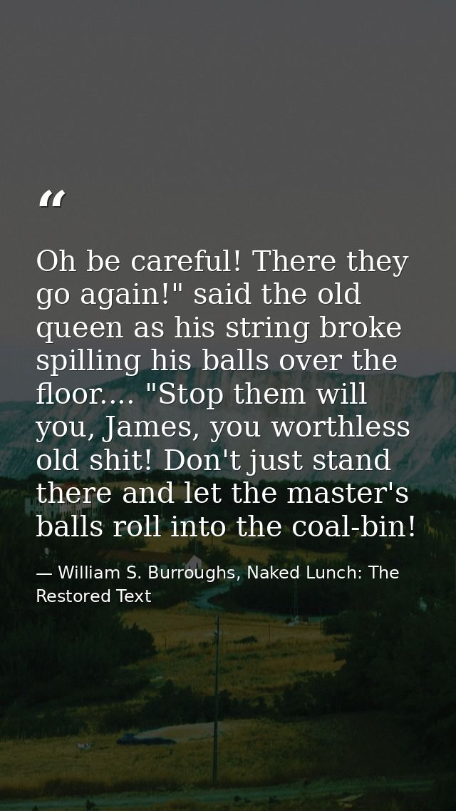 Oh be careful! There they go again!" said the old queen as his string broke spilling his balls over the floor.... "Stop  — William S. Burroughs, Naked Lunch: The Restored Text