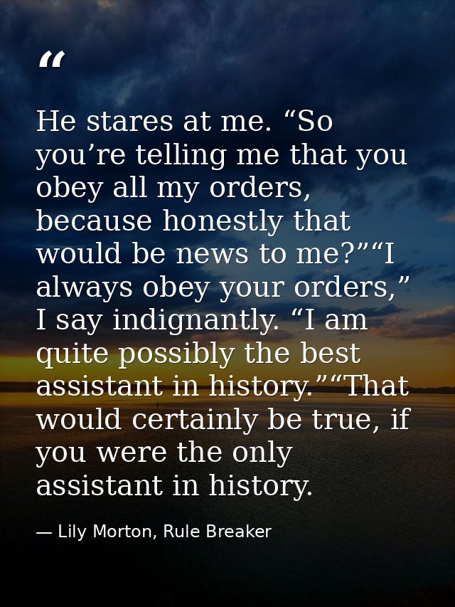 He stares at me. “So you’re telling me that you obey all my orders, because honestly that would be news to me?”“I always — Lily Morton, Rule Breaker