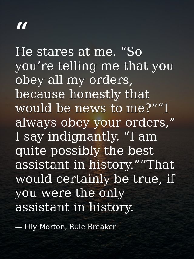 He stares at me. “So you’re telling me that you obey all my orders, because honestly that would be news to me?”“I always — Lily Morton, Rule Breaker