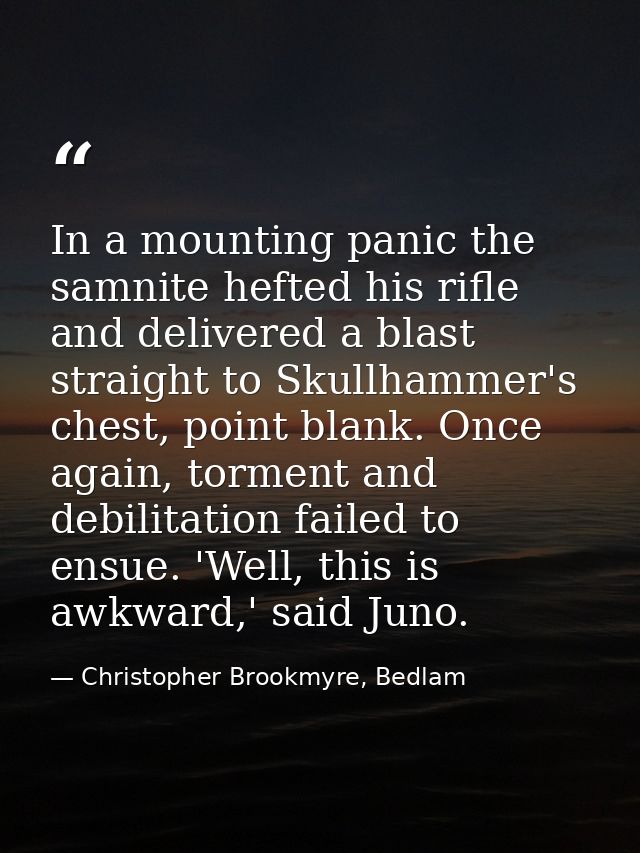 In a mounting panic the samnite hefted his rifle and delivered a blast straight to Skullhammer's chest, point blank. Onc — Christopher Brookmyre, Bedlam