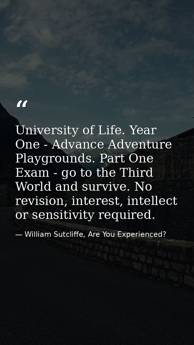 University of Life. Year One - Advance Adventure Playgrounds. Part One Exam - go to the Third World and survive. No revi — William Sutcliffe, Are You Experienced?