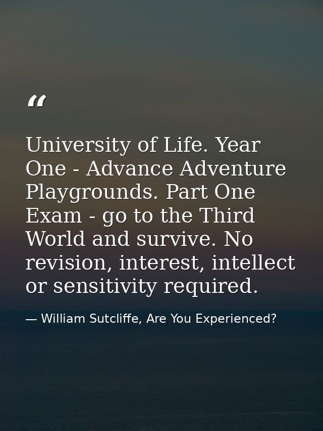 University of Life. Year One - Advance Adventure Playgrounds. Part One Exam - go to the Third World and survive. No revi — William Sutcliffe, Are You Experienced?