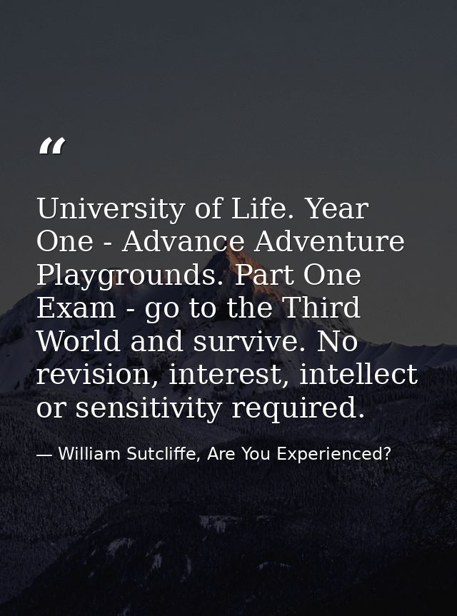 University of Life. Year One - Advance Adventure Playgrounds. Part One Exam - go to the Third World and survive. No revi — William Sutcliffe, Are You Experienced?