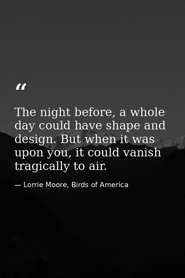 The night before, a whole day could have shape and design. But when it was upon you, it could vanish tragically to air. — Lorrie Moore, Birds of America