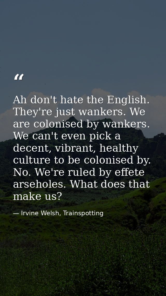 Ah don't hate the English. They're just wankers. We are colonised by wankers. We can't even pick a decent, vibrant, heal — Irvine Welsh, Trainspotting