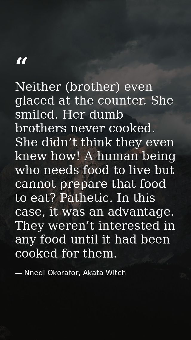 Neither (brother) even glaced at the counter. She smiled. Her dumb brothers never cooked. She didn’t think they even kne — Nnedi Okorafor, Akata Witch