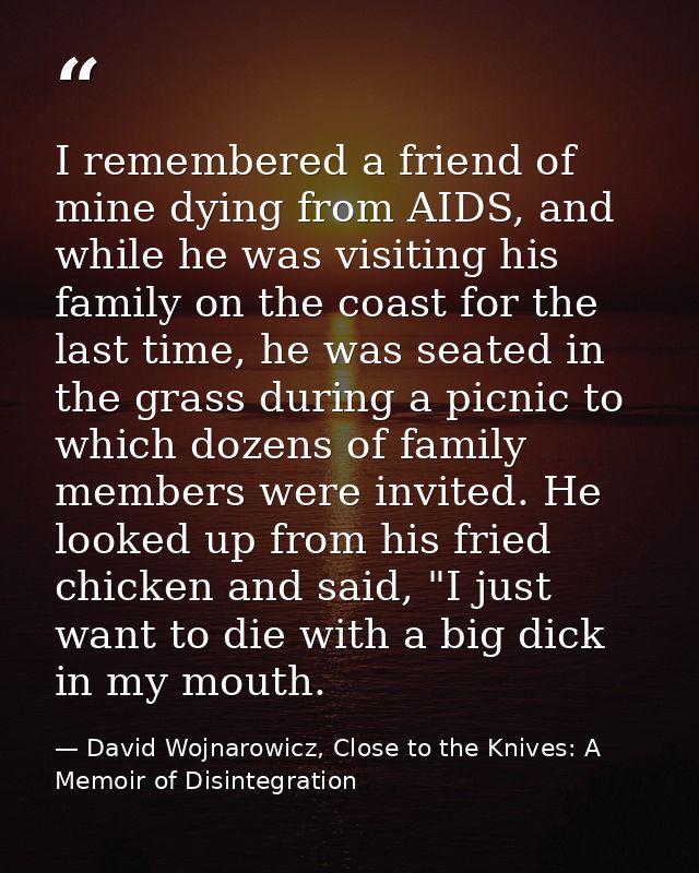 I remembered a friend of mine dying from AIDS, and while he was visiting his family on the coast for the last time, he w — David Wojnarowicz, Close to the Knives: A Memoir of Disintegration