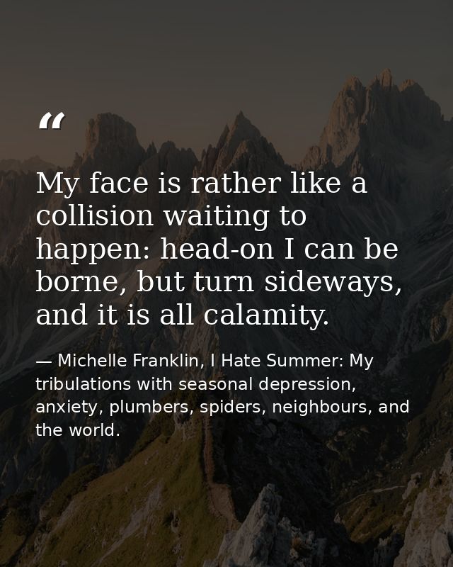 My face is rather like a collision waiting to happen: head-on I can be borne, but turn sideways, and it is all calamity. — Michelle Franklin, I Hate Summer: My tribulations with seasonal depression, anxiety, plumbers, spiders, neighbours, and the world.